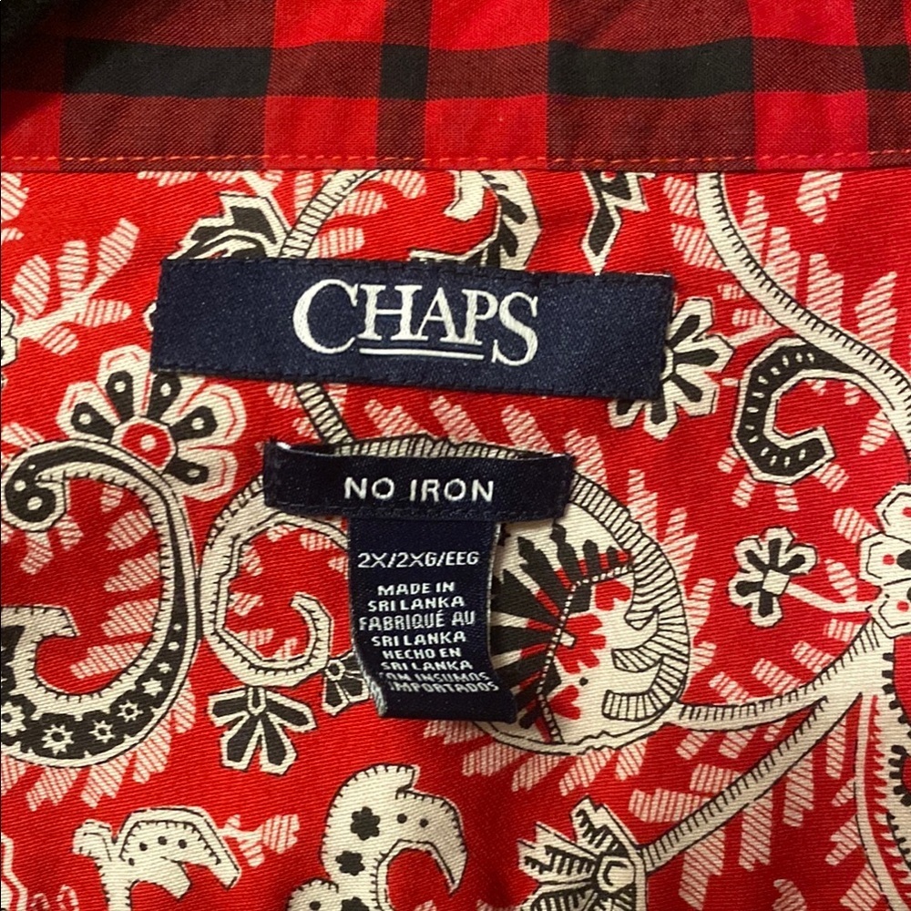 Chaps Shirt Women's Sz 2X No Iron Red Paisley Button-Up Buffalo Plaid Flip Cuff - Picture 5 of 7